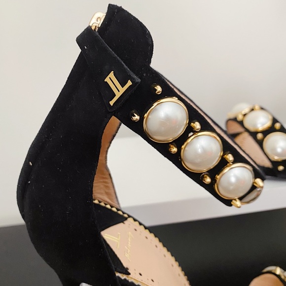 Elisabetta Franchi Faux Pearl Black Gold Strappy Sandals 40 41 10 10.5 11 - Picture 10 of 11